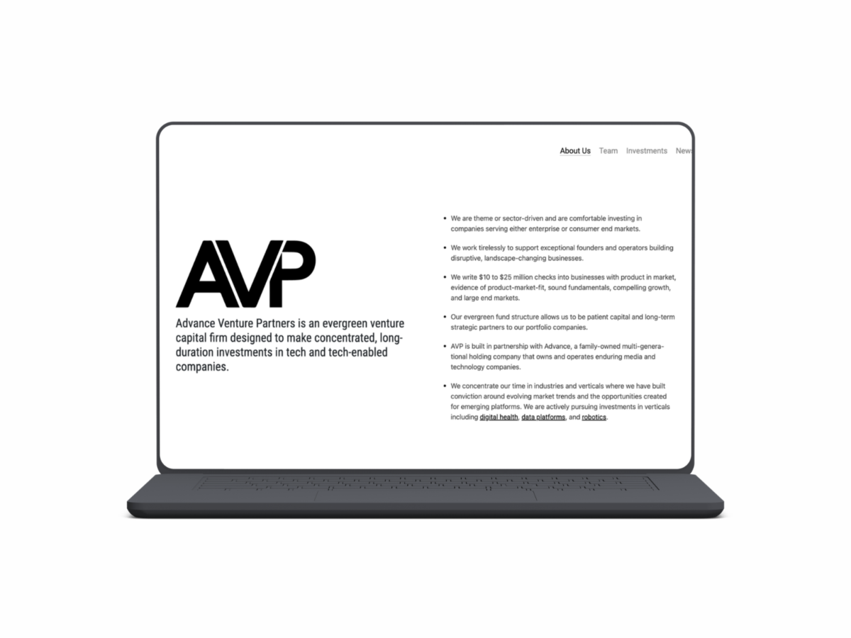 Advance Venture Partners investment firm website homepage showcasing venture capital expertise designed by VAEZR Studio.