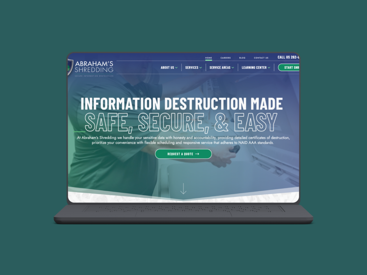 Abraham's Shredding secure document destruction website homepage designed by VAEZR Studio for lead generation and customer engagement.