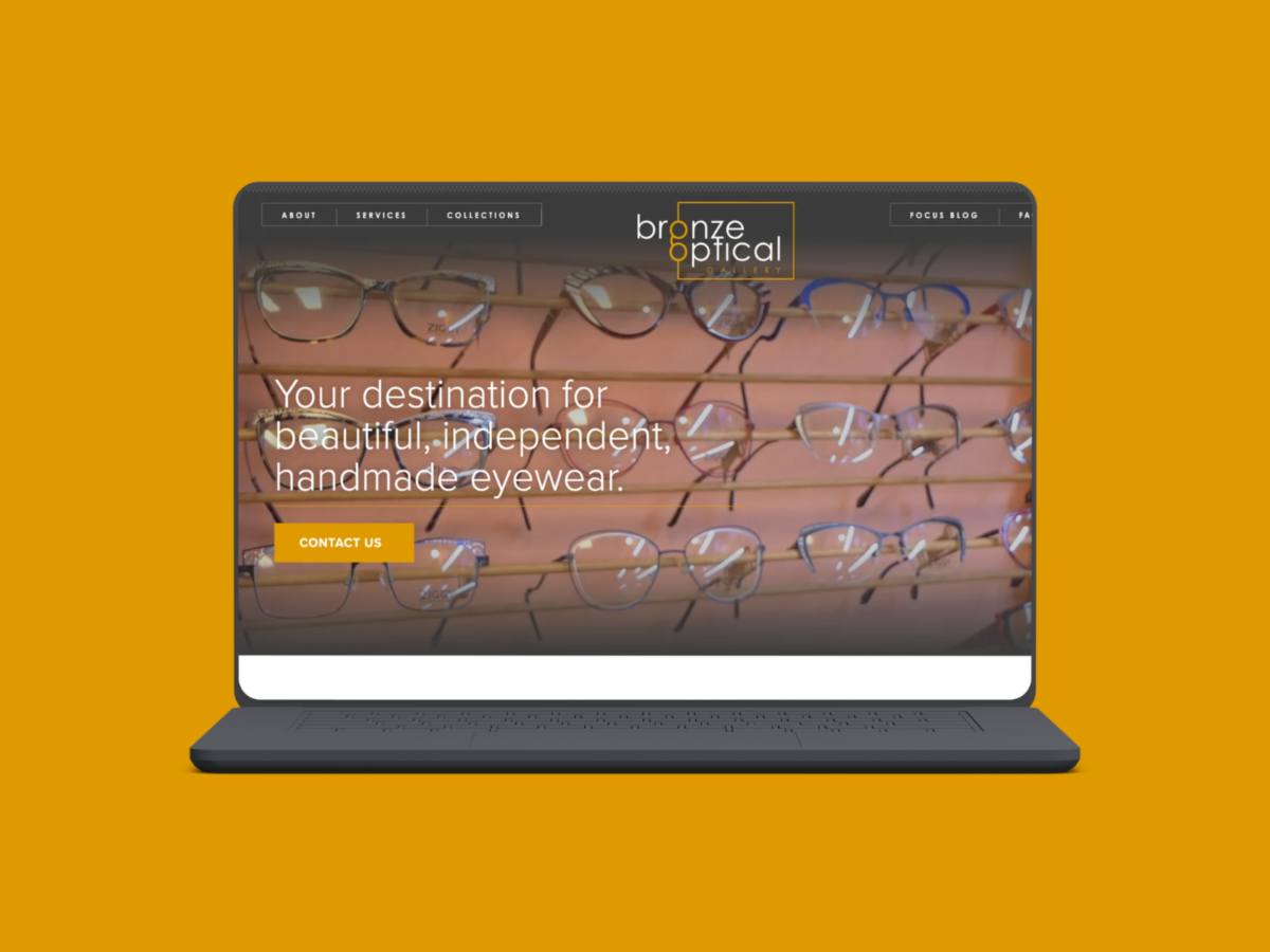 Bronze Optical optometry website homepage showcasing designer eyewear and eye care services created by VAEZR Studio.