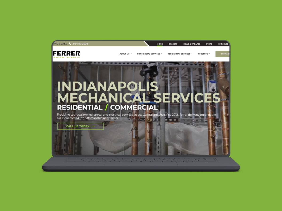 Ferrer Mechanical industrial services website homepage featuring commercial and residential mechanical services designed by VAEZR Studio.