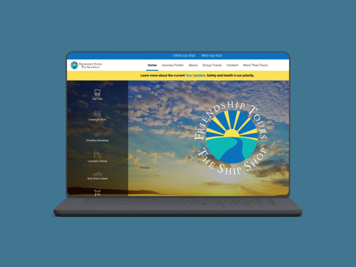 Friendship Tours travel website homepage highlighting guided tours and vacation experiences designed by VAEZR Studio.