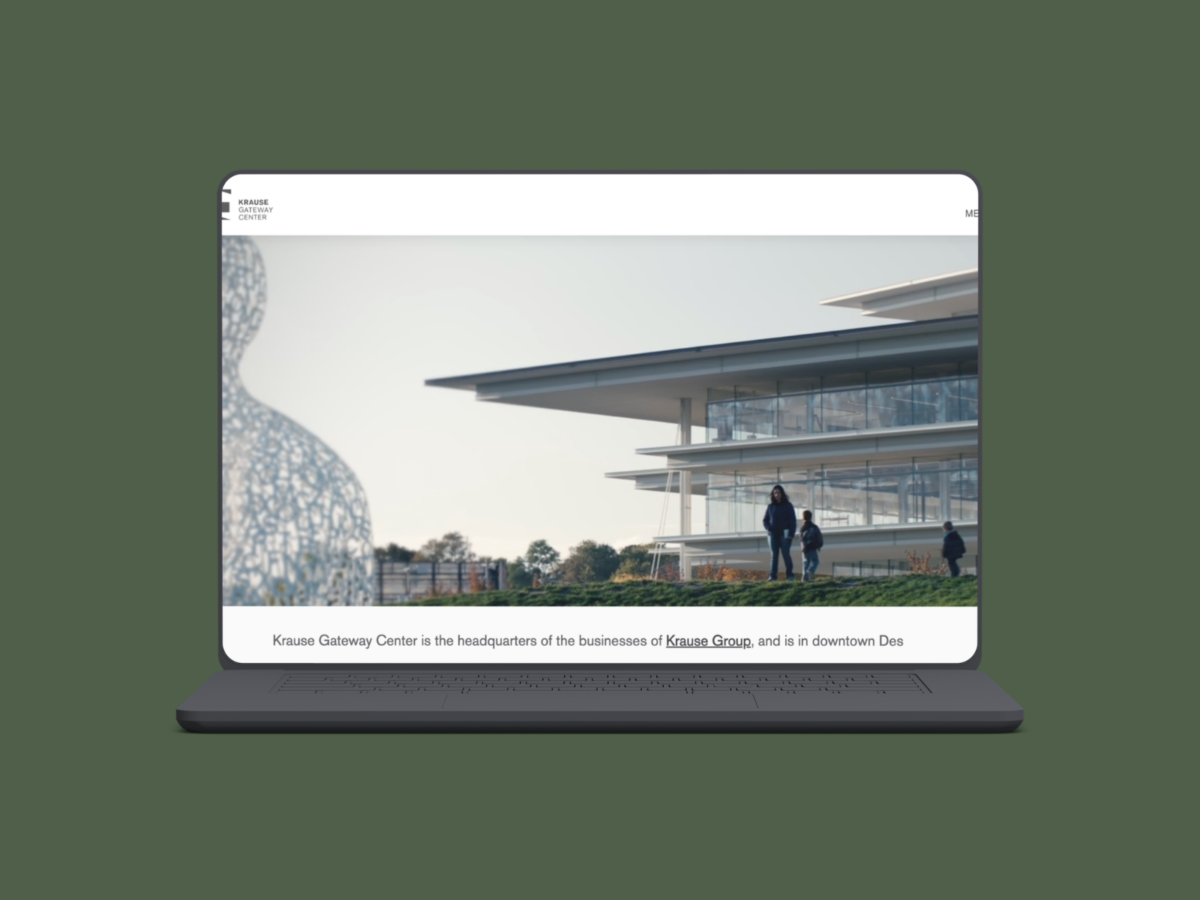 Krause Gateway Center website homepage featuring modern architecture and interactive digital storytelling by VAEZR Studio.
