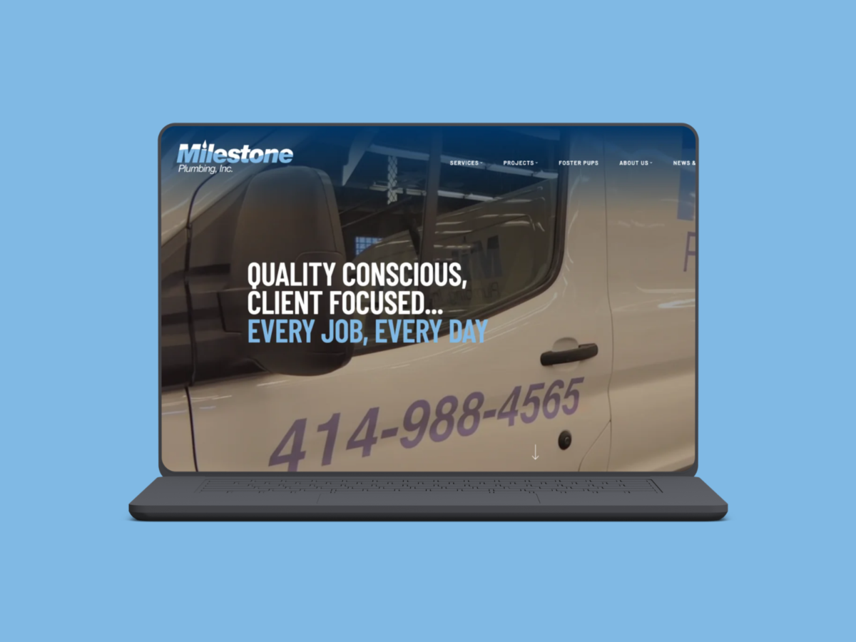 Milestone Plumbing commercial plumbing website homepage designed by VAEZR Studio featuring responsive contractor web design.