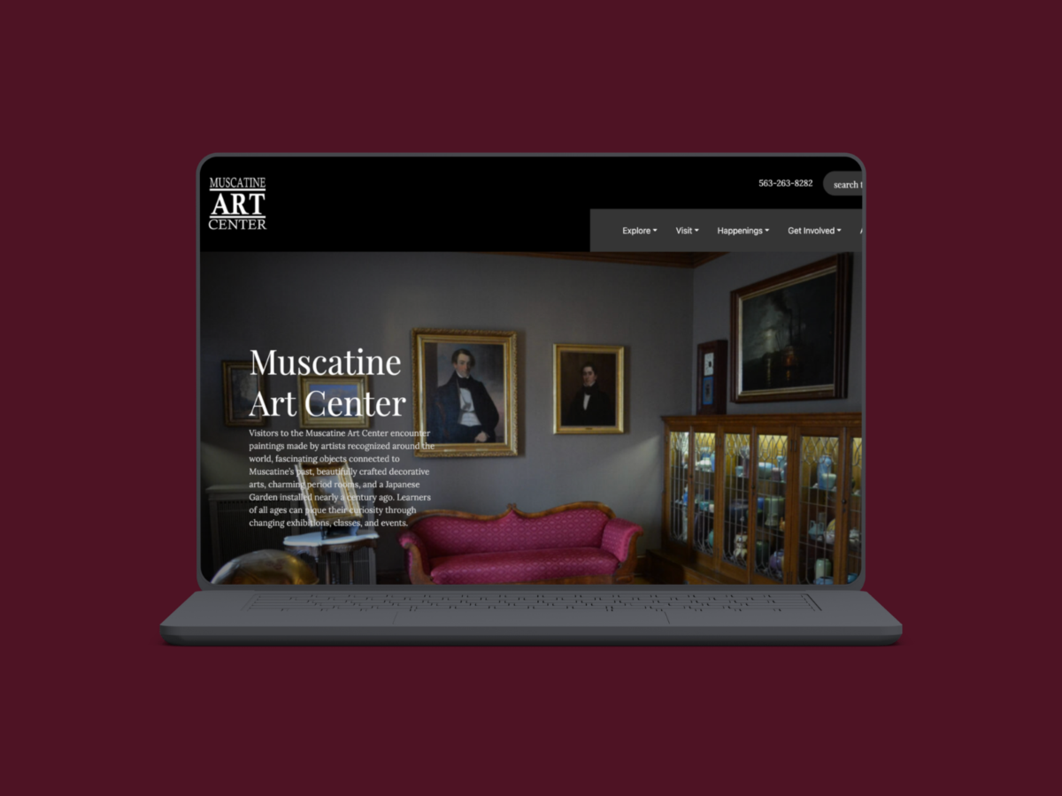 Muscatine Art Center museum website homepage showcasing exhibits, collections, and events designed by VAEZR Studio.