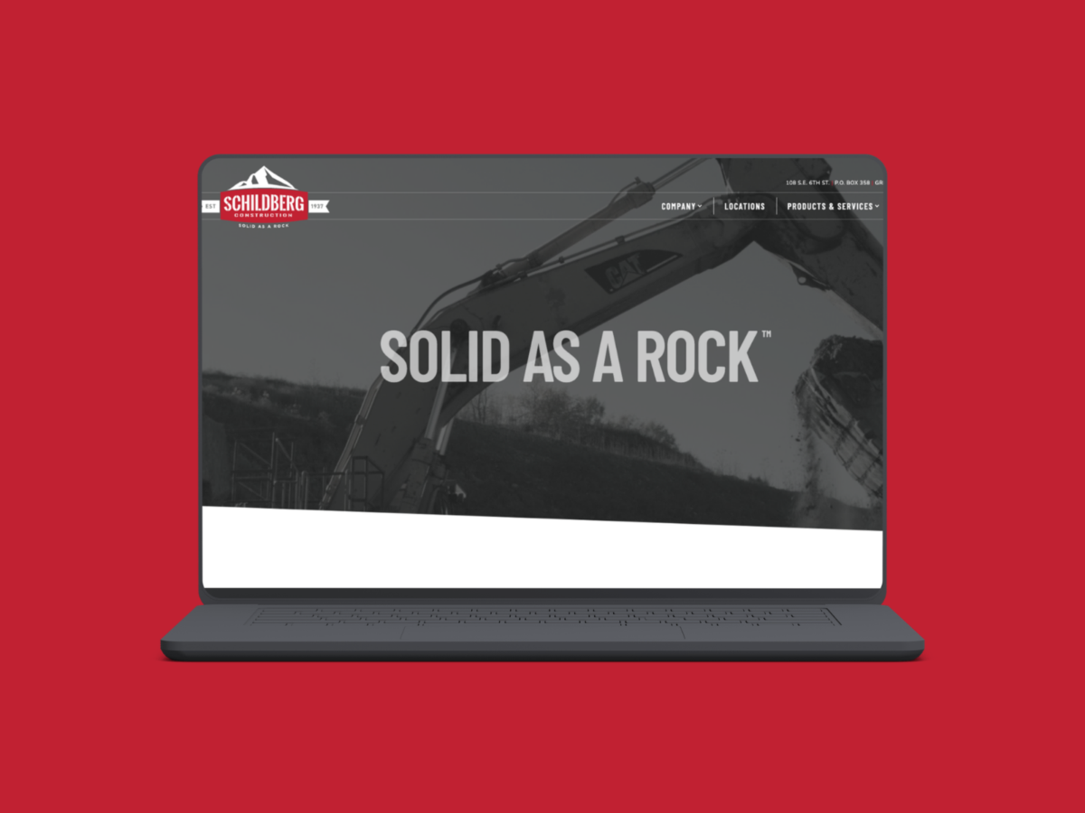 Schildberg Construction company website homepage featuring industrial construction branding and web design by VAEZR Studio.