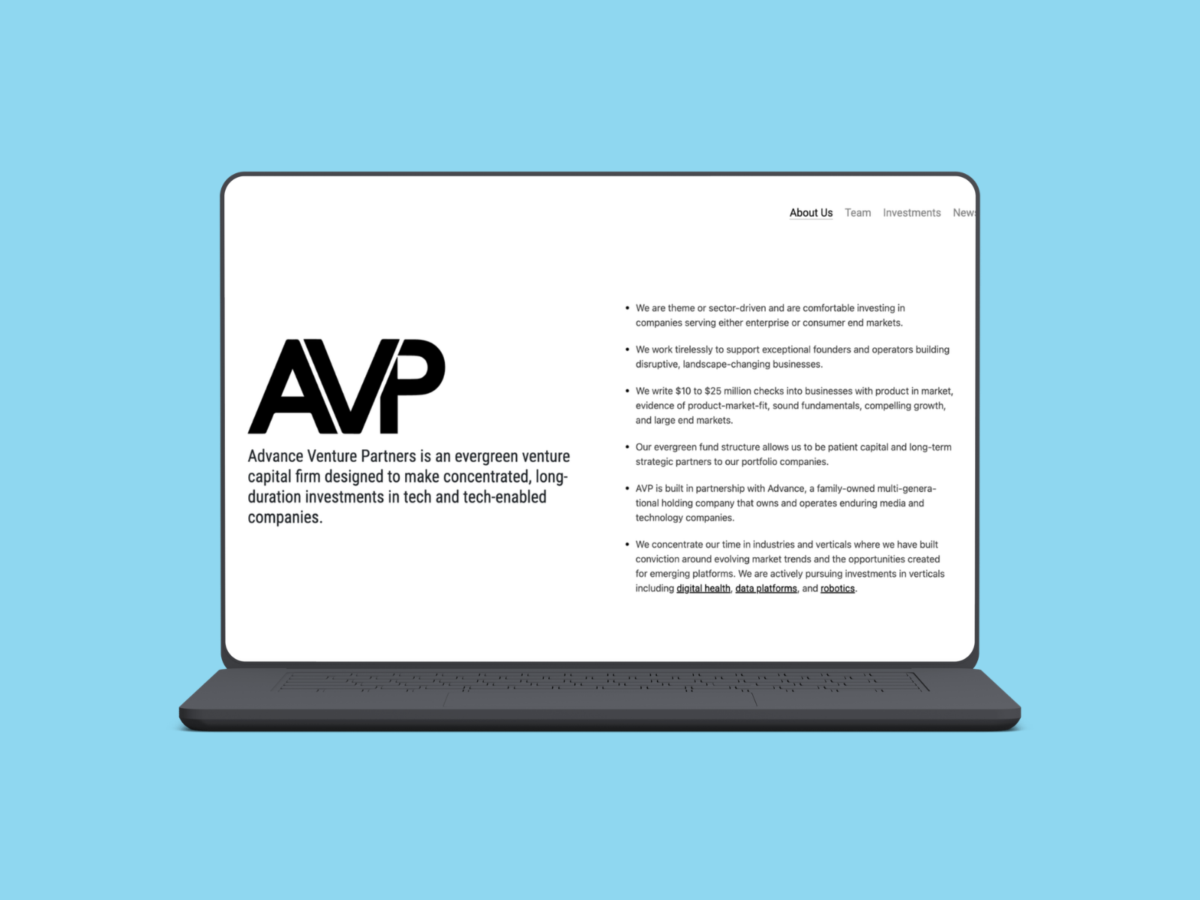Advance Venture Partners investment firm website homepage showcasing venture capital expertise designed by VAEZR Studio.
