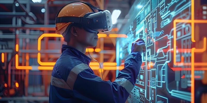 VAEZR Studio | Immersive safety simulation showing an energy and utility worker using virtual reality to interact with digital equipment controls.