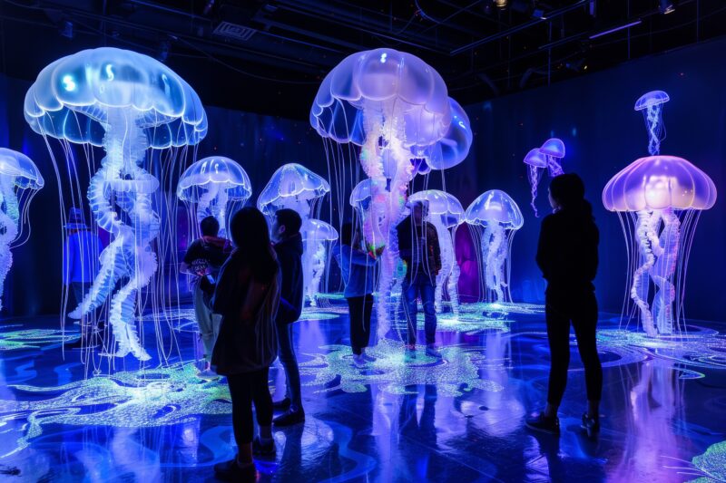 Visitors explore an immersive interactive experience featuring illuminated jellyfish installations, showcasing VAEZR Studio's experience services, experiential marketing, brand activations, and immersive technology.