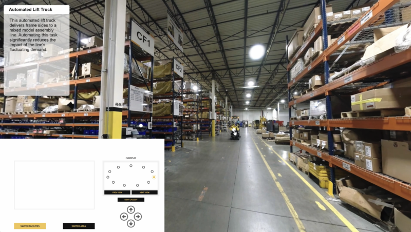 Interactive virtual plant tour created by VAEZR Studio, showing a warehouse aisle with equipment callouts, floorplan navigation, and facility controls.
